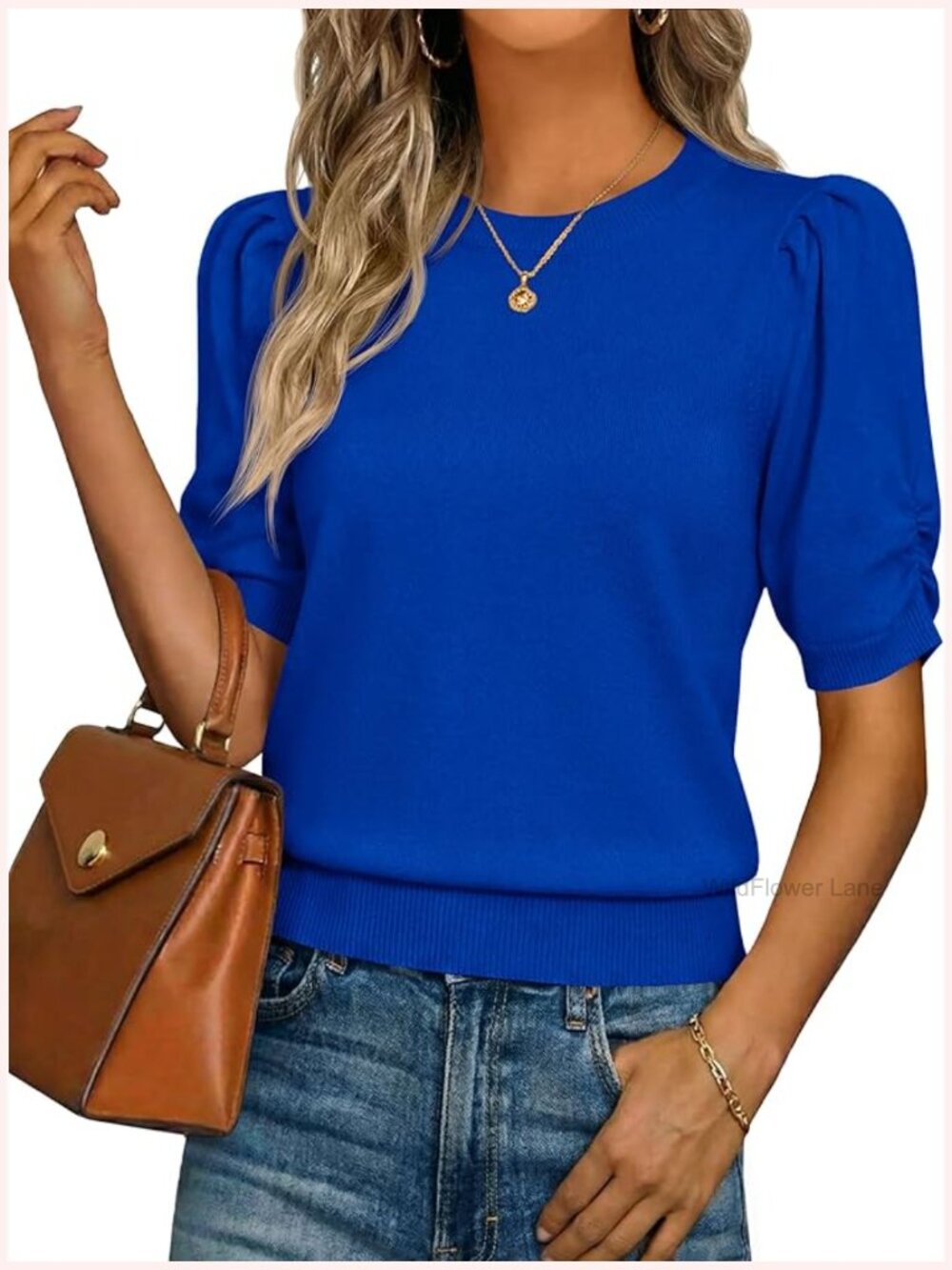Puff Sleeve Sweater Top Ruffle Crew Neck Dressy Casual Loose Knit Pullover - Picture 1 of 7